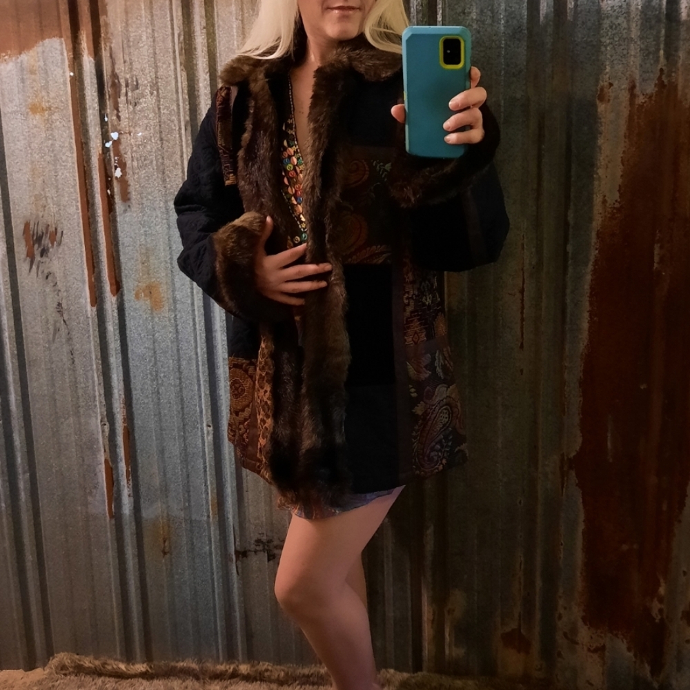 VINTAGE Faux Fur Unique Colorful Quilted Winter Coat - Picture 3 of 13